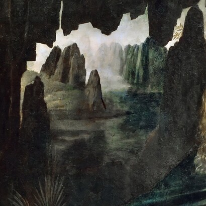 Leonardo da Vinci, Vergine delle Rocce, 1483-1486. Particolare paesaggio. Louvre, Parigi, Francia