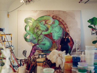 Firelei Báez in her studio. Courtesy of Hauser & Wirth Gallery