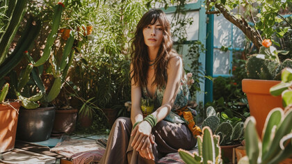 A woman surrounded by layered foliage and quiet air, representing the slow, unseen shifts within identity
