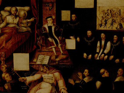 Eduardo VI y el Papa: una alegoría de la reforma. Obra de propaganda isabelina que representa la entrega del poder de Enrique VIII, que yace moribundo en la cama, a Eduardo VI, sentado, con un papa desplomado a sus pies