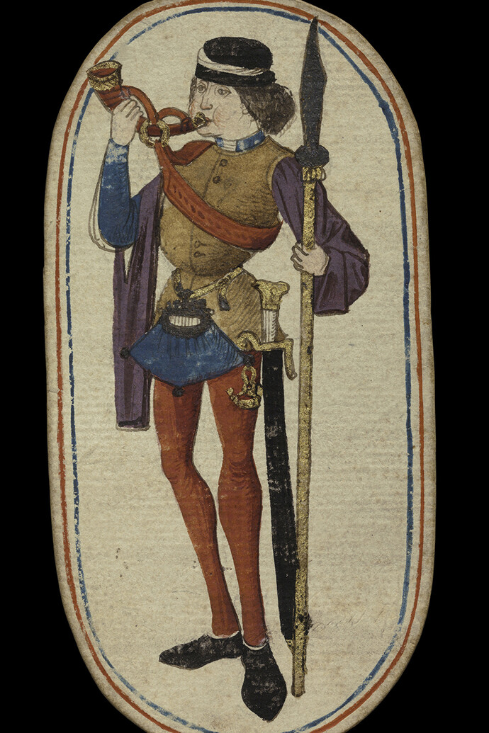 Knave of Horns, from The Cloisters Playing Cards
South Netherlandish, Burgundian territories, ca. 1475–80
Paper (four layers in pasteboard) with pen and ink, opaque paint, glazes, and applied
silver and gold
5 3/16 × 2 ¾ in. (13.2 × 7 cm)
The Metropolitan Museum of Art, New York, The Cloisters Collection, 1983
(1983.515.3)
Image: © The Metropolitan Museum of Art, New York