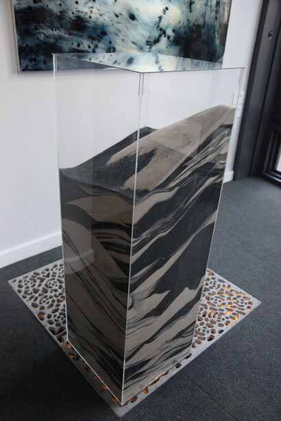 Julia Parkinson. A Sense of Construction, 2018, installation including etched steel plates, clay and sand