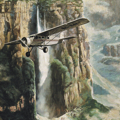 Avioneta Flamingo de Jimmie Angel frente al Salto Ángel. Detalle del cuadro de Ángel Rodríguez del Villar, reproducido del libro de Alfredo Schael, «Jimmie Angel: Entre oro y Diablo»