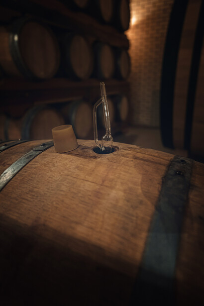 A bottle of wine rests on top of a wooden barrel in Vale dos Vinhedos, Brazil