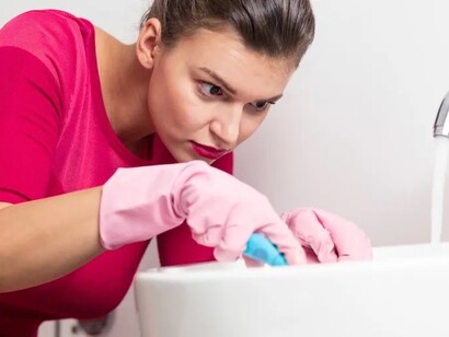 A woman with a cleaning obsession. OCD. Someone might believe that the propensity for cleaning is completely rational, a blessing even