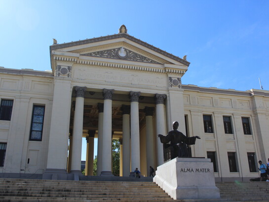 El monumento a la entrada de la Universidad de La Habana representa a la Alma Mater. Esta escultura de bronce, creada en 1919 por el artista checo Mario Korbel, simboliza la "madre nutricia" del conocimiento. La figura femenina está inspirada en los rasgos de una joven cubana llamada Feliciana Villalón, La Habana, Cuba