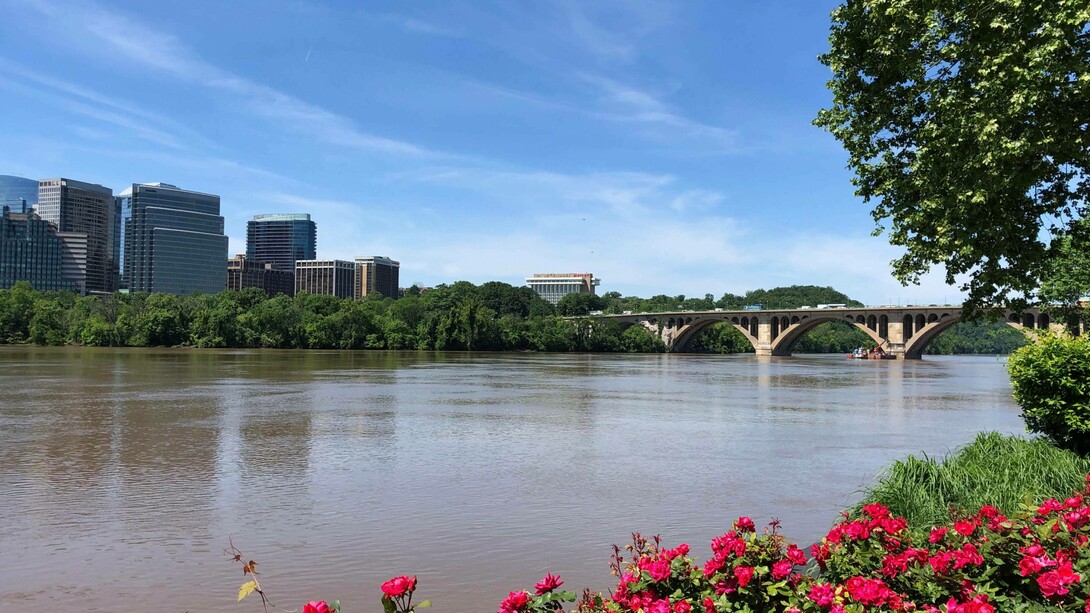 A view of Georgetown and the Potomac River on a sunny day. Photo by Jamie Edwards