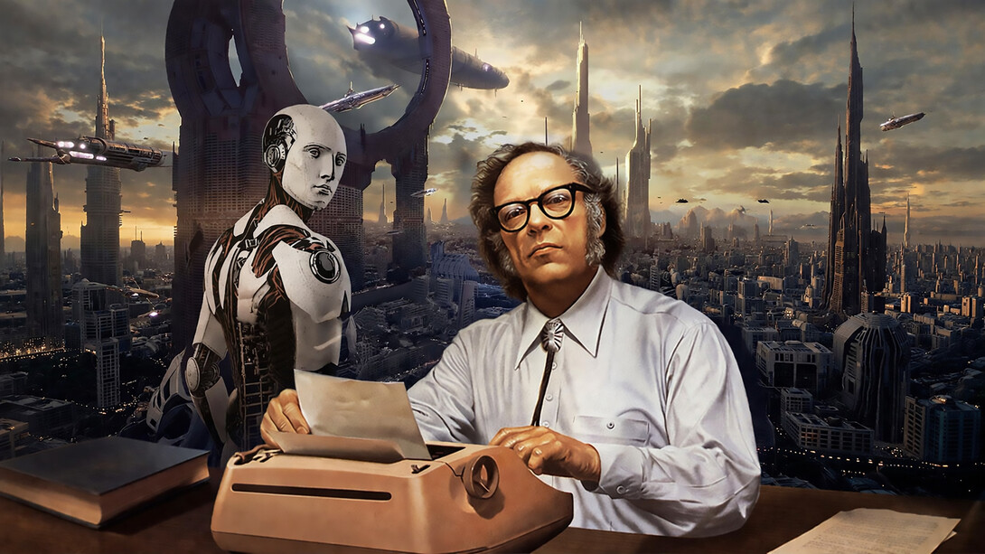 Isaac Asimov sits at his typewriter as a humanoid robot looms behind him, embodying the uneasy boundary between human imagination and the autonomous future he once envisioned