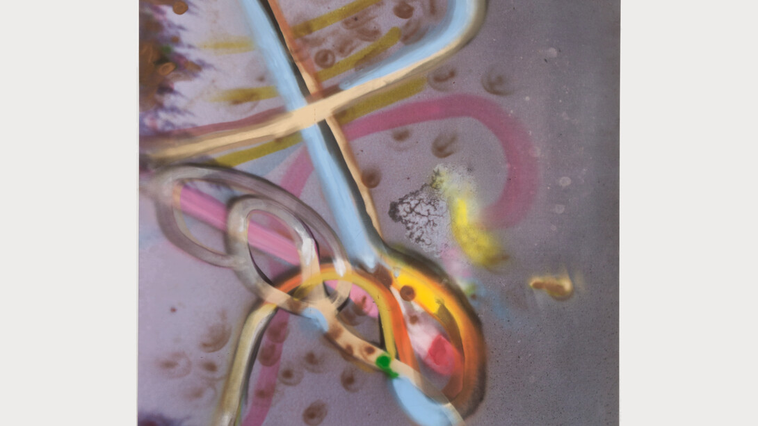 Julian Schnabel, Untitled, 2015, Inkjet print, spray paint on polyester, 111 x 102 inches (281.9 x 259.1 cm)