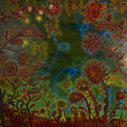 JJ Manford, Early On, 2014, Acrylic and spray paint on canvas, 74x69 inches