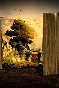A woman stands next to a large book with a tree inside and birds overhead