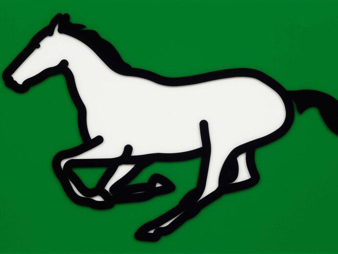 Julian Opie, Galloping horse 1., 2013, A series of three inlaid and overlaid acrylic panels, Panel size 61.3 x 100.0 x 3.9 cm, Edition of 35, Courtesy Julian Opie and Alan Cristea Gallery, London
