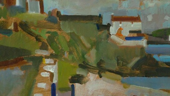 Michael Upton, Landscape with Helicopter, oil on board, 24 x 38 cm