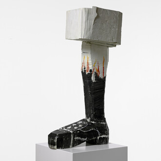 Georg Baselitz, Römischer Gruß (Roman Salute), 2004, Patinated bronze and oil paint, 52 3/16 x 14 9/16 x 27 9/16 inches, 132.5 x 37 x 70 cm, Edition 4/6 (6 + 1AP) © Georg Baselitz. Photo:Jochen Littkemann, Berlin. Courtesy Gagosian Gallery.
