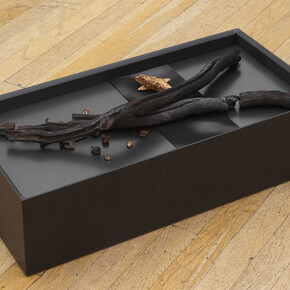 Myeongsoo Kim, There’s our past, 2020. Painted plaster, Valchromat, archival pigment print, polished solid graphite, 14 x 26 x 7 inches