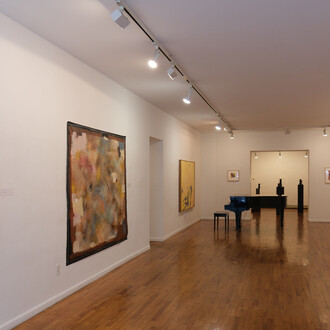 Ashley Cole (left to right)  Bellows, From Accordion Folds, Mixed Media, 2023; Round Midnight, Mixed Media, 2023, Cynthia Hawkins; Untitled 1989; Untitled #1,Monotype (Right Wall), Cynthia Hawkins; Untitled 1997,Watercolor, Cynthia Hawkins; Untitled, 1988 Acrylic on Canvas; Yellow Acorn, 2002, Casein and Ink