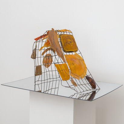 Elisa Lendvay, Orange Wave, 2014, Plastic fragments, plaster, acrylic paint, fabric, wire, mirrored Plexi base
14 x 13.5” x 10”