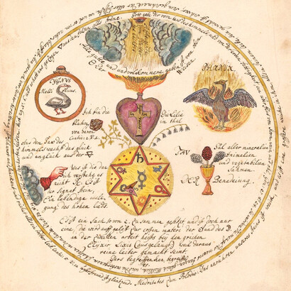Illustrazione del processo alchemico nella trasmutazione spirituale della prima materia in elisir di vita (ovvero lapis philosophorum, la Pietra Filosofale). Compendio alchemico e rosacrociano