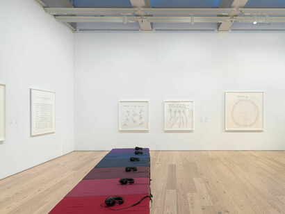 Christine Sun Kim, Todo el día, toda la noche, vista de exhibición. Cortesía del Whitney Museum of American Art