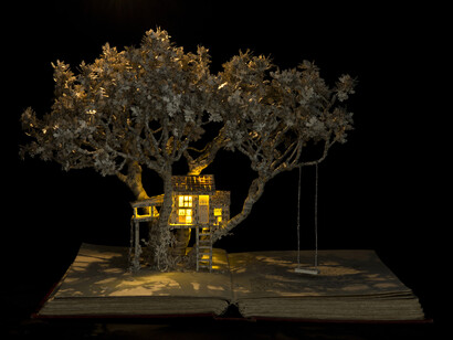 Su Blackwell, The House in the Oak Tree, 375mm w x 285mm h x 260mm d, Paper, book, lights, paper sculpture in glass box
