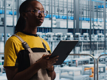 A smart factory engineer uses a tablet to manage AI-driven automated workflows, supporting the factory’s digital transformation