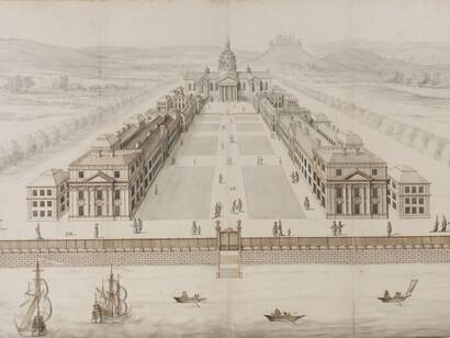 Leonard Knyff, Perspective presentation drawing of a design for an enlarged hospital with a central domed hall and chapel range, Datable to 1695, Pen and ink, 475 x 696mm