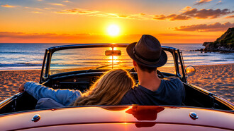 A couple relaxing in a convertible as the sun sets on the horizon, capturing a sense of freedom and togetherness