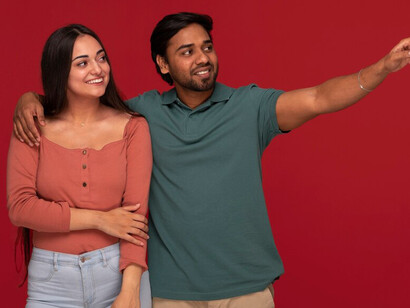 Posing as a couple, this Indian duo reflects the rich narratives of cinematic storytelling, emphasizing the importance of community and the journey of transformation