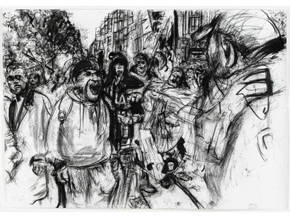 Erik van Lieshout, Untitled, 2014, Charcoal, acrylic, spray paint, ink and vinyl on paper, 59 1/16 x 98 7/16 inches (150 x 250 cm) © Erik van Lieshout. Courtesy Anton Kern Gallery, New York
