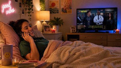 A relaxed viewer chatting on the phone with a sitcom playing in the background, reflecting television’s role as emotional background presence
