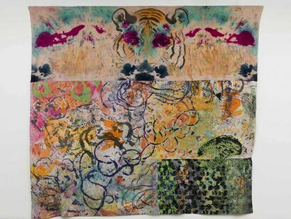 Ann Shostrom, “Tiger tracks” 2014 123” x 144”, fabrics, dyes, acrylic, thread
