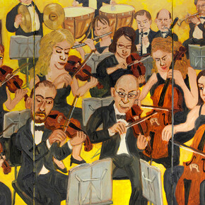 Jiro Osuga, Orchestra, 2014, Oil on canvas, closed: 30 1/8 x 19 1/8 in, open: 30 1/8 x 37 1/2 in, Image courtesy of Flowers Gallery, London and New York