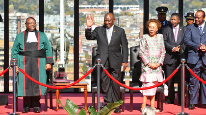 President Cyril Ramaphosa and First Lady Dr Tshepo Motsepe at the Union Buildings in Pretoria, South Africa, the site of the 2024 Presidential Inauguration where the President-elect was sworn in by Chief Justice Raymond Zondo, on the 19th of June, 2024