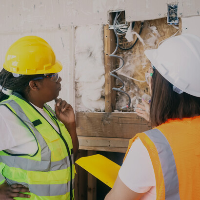 Engenheira e arquiteta verificam a necessidade de uma manutenção na obra