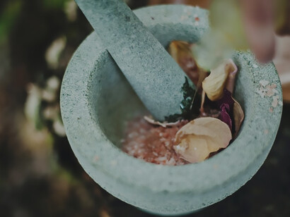 Gray ceramic mortar and pestle