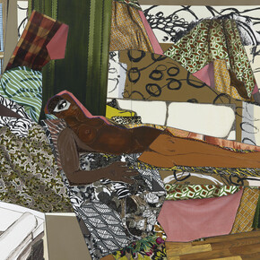 Mickalene Thomas, Marie Femme Noire Nue Couchée 2, 2014, Strass, acrylique, huile et email sur panneau de bois, 243,84 x 304,8 x 5,1 cm (96 x 120 x 2 in.), Courtesy Galerie Nathalie Obadia, Paris/Bruxelles