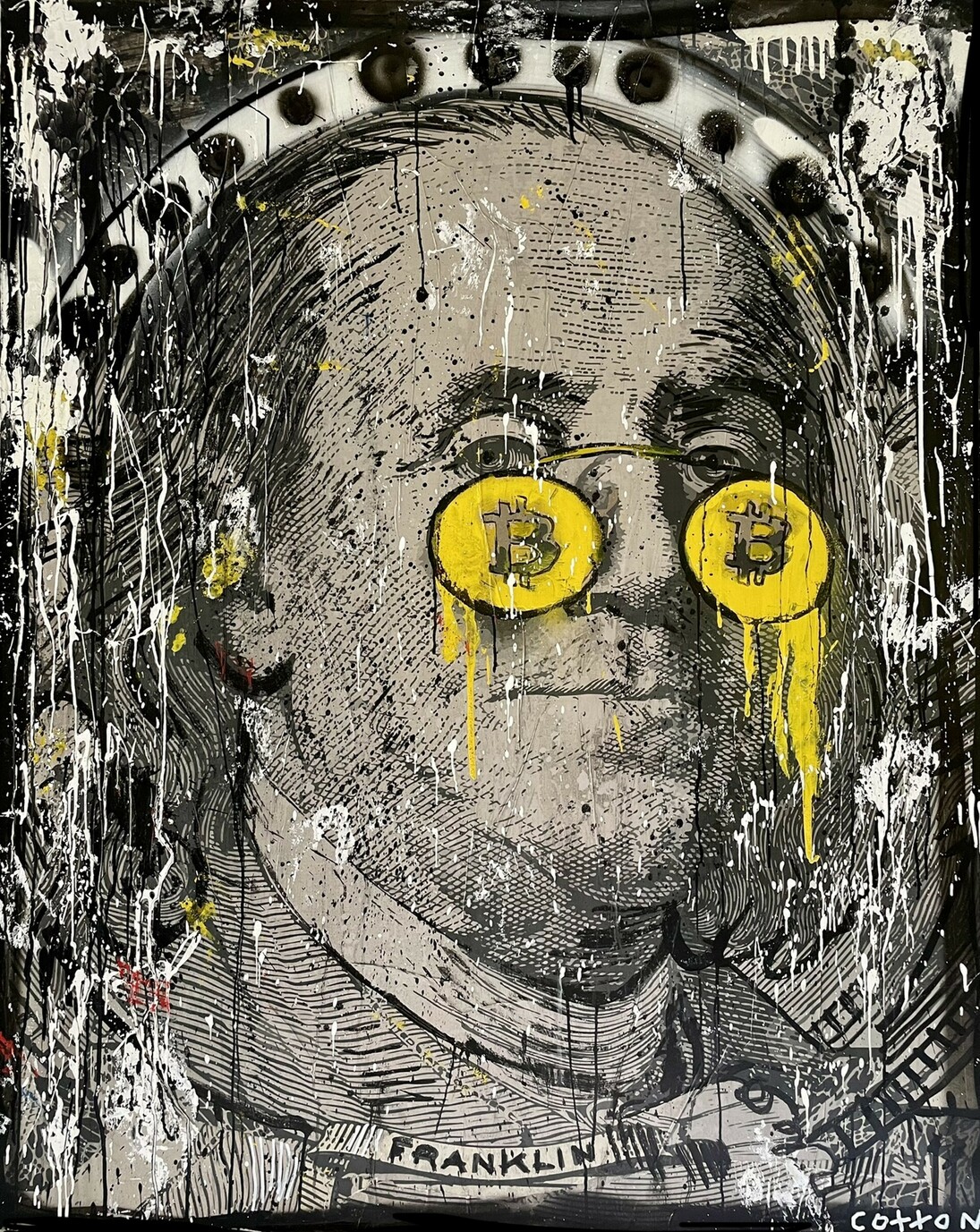 Andrew Cotton, BitFrank (He that falls in love with himself will have no rivals), mixed media on canvas, 60x48x3 in