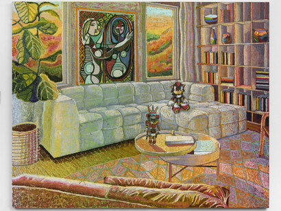JJ Manford, Living Room with Picasso Poster, Shadow, & Kachina Doll, 2023. Oil stick, oil pastel, Flashe on burlap over canvas, 72 x 90 inches. Courtesy of Derek Eller Gallery