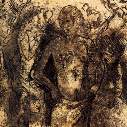 Paul Gauguin, Famiglia delle Isole Marchesi, 1902. Quello che è importante non è il disegno originario, ma l’impronta ottenuta per trasferirlo. Gauguin produce circa duecento monotipi ottenuti con questa tecnica del disegno-impronta, dall'effetto rugoso.