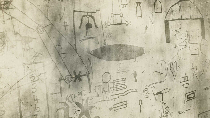 St. Elizabeth's Hospital. Reproducciones realizadas por un paciente, un caso perturbado de esquizofrenia, usó alfileres o uñas para rascar la pintura de la pared, capa superior de pintura de color chamariz, superpuesta sobre una capa de color rojo ladrillo de pintura. Las imágenes simbolizan eventos en la vida pasada del paciente, y representan un estado leve de regresión mental. Sin fecha, pero probablemente principios del siglo XX.Otis Historical Archives National Museum of Health and Medicine, Silver Spring, EE.UU.