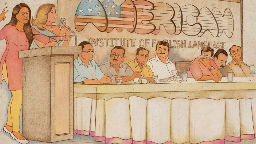 Roshan Chhabria, American institute of spoking english (detail), 2026. Courtesy of Sakshi Gallery