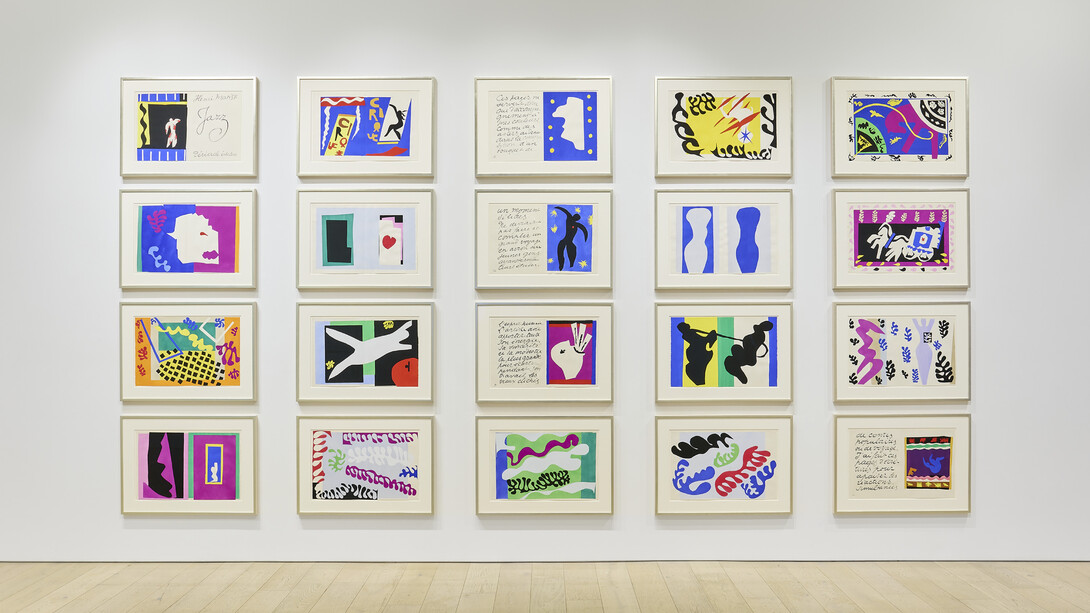 Henri Matisse, Jazz, 1947, the complete set of twenty pochoirs printed in colors on Arches paper, folded, accompanied by the original gray flocked paper and cloth-covered slipcase, with title page, text and justification, each sheet, approximately 16 3/4x25 1/2 inches. Edition of 250, aside from the unfolded edition of 100. Courtesy of Berggruen Gallery