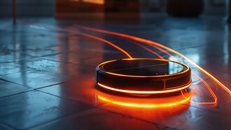 Illuminate your cleaning routine with a futuristic touch using a neon robot vacuum cleaner, blending modern aesthetics with efficient home maintenance