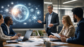 Business professionals collaborate in a modern office, reflecting the interconnected nature of innovation ecosystems and strategic decision-making