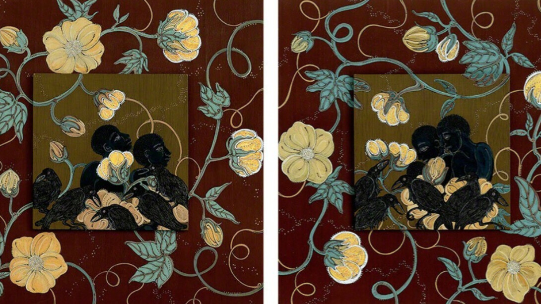 The Fields of Worth (diptych), 2015, ink, acrylic and gold leaf on museum board, 10 x 10 inches each.