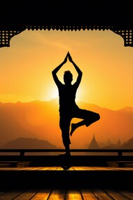 A person’s silhouette performing yoga at dawn, illustrating yoga’s timeless relevance in global dialogue