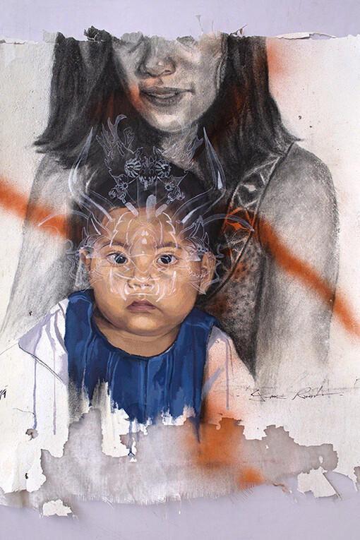 DCG, Mother and Child, Group Show, Jade Rivera Emilia, 2019, acrylic and charcoal on extract of wall, 72x87cm.