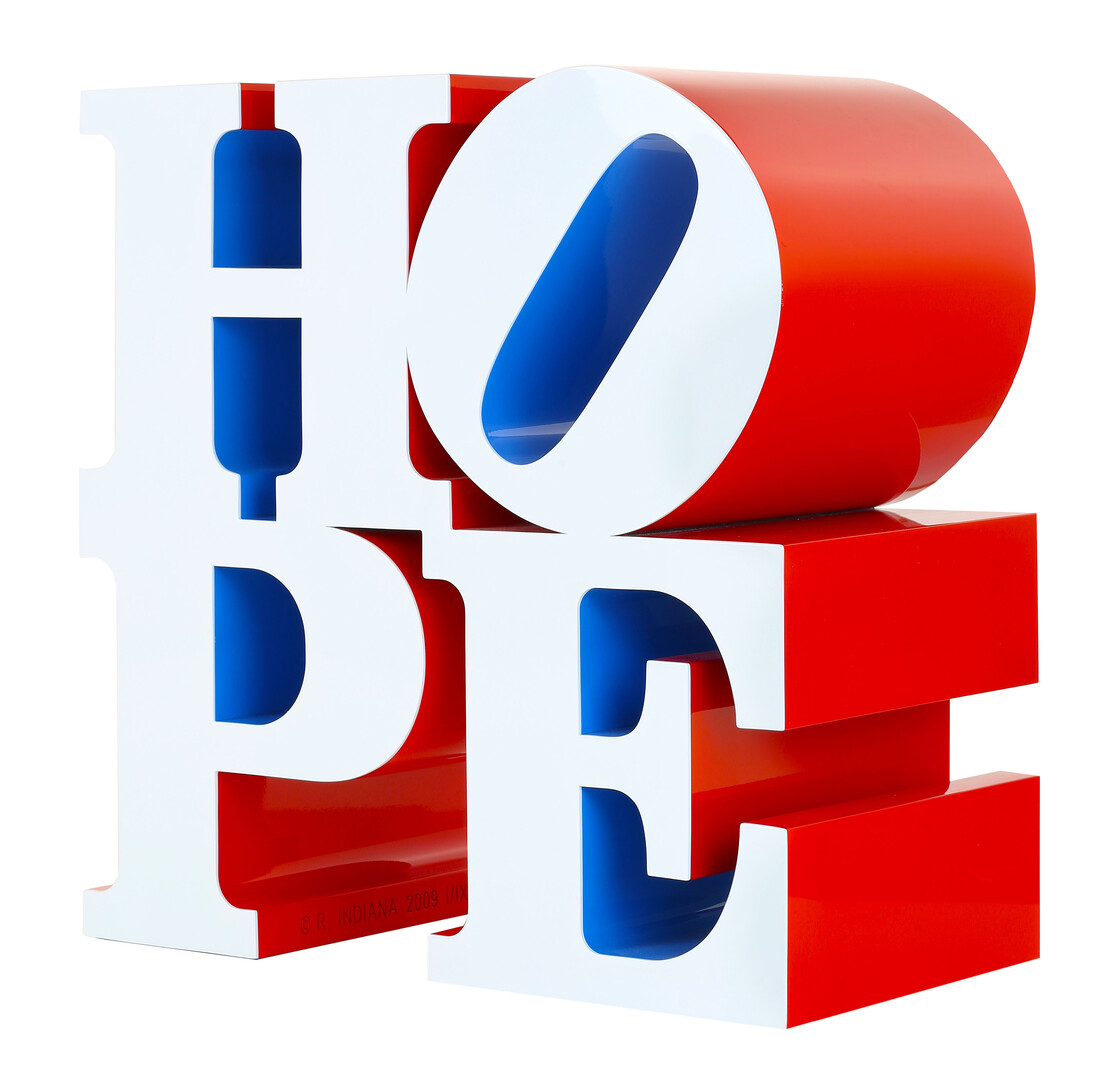 Robert Indiana, HOPE, (White, Blue, Red), Painted aluminium, Edition of 9, 45.7 x 45,7 x 23 cm