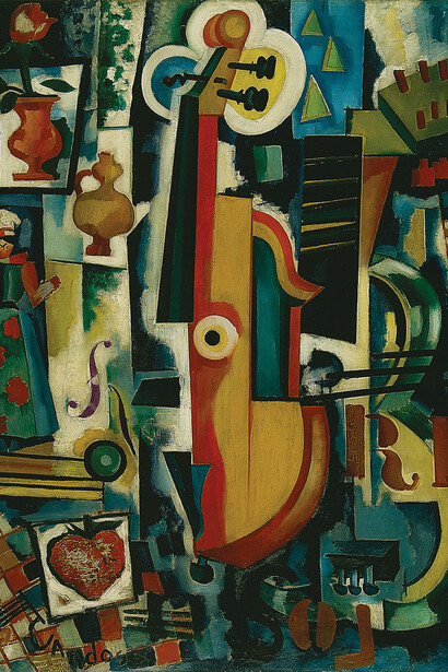 Trou de la serrure. Parto da Viola. Bon ménage. Fraise avant garde, 1916. Huile et pochoir sur huile, toile, préparation et vernis, 70 x 58 cm. Centro de Arte Moderna - Fundação Calouste Gulbenkian, Lisbonne. 
