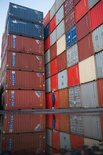 Red blue and yellow intermodal containers, China